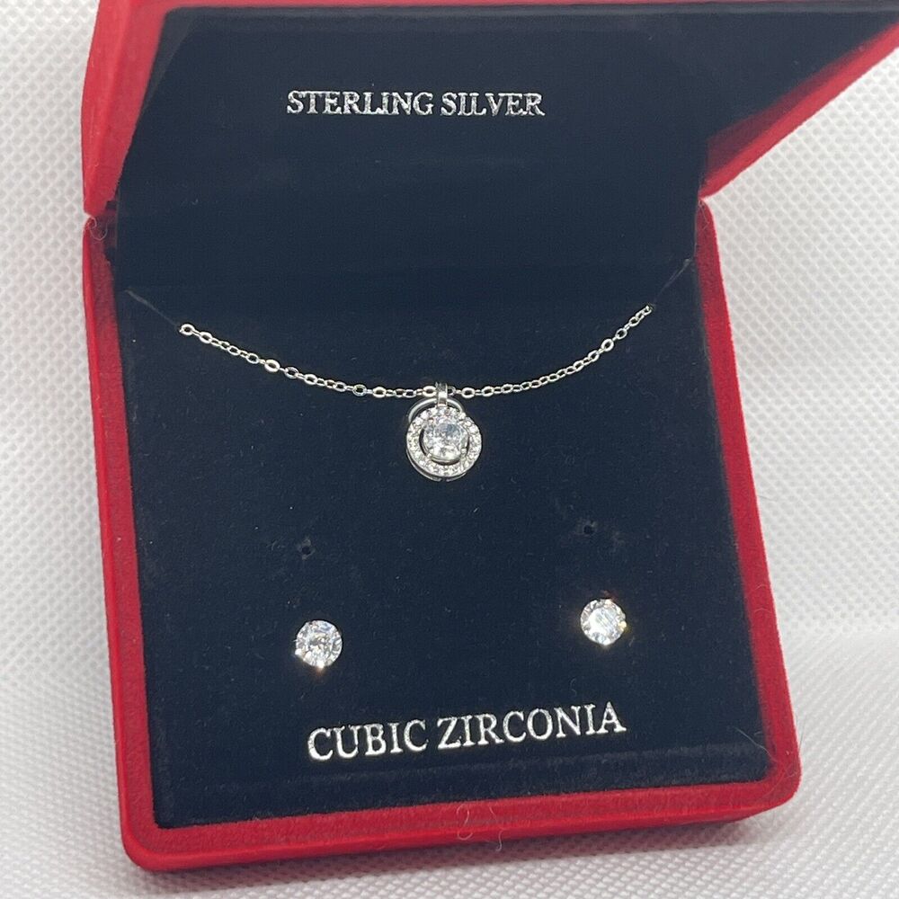 Sterling Silver Stunning Halo Necklace Earrings (2 Piece Set)Chic CZ Elegant NEW